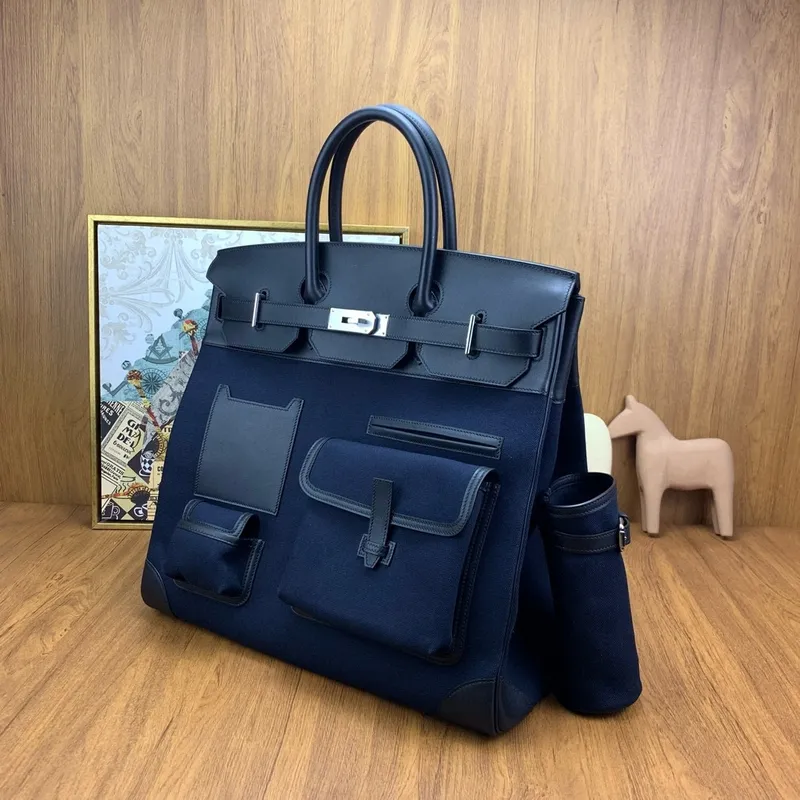 Hermes HAC Cargo Birkin 40 Handmade Bag in Blue Nuit Toile
