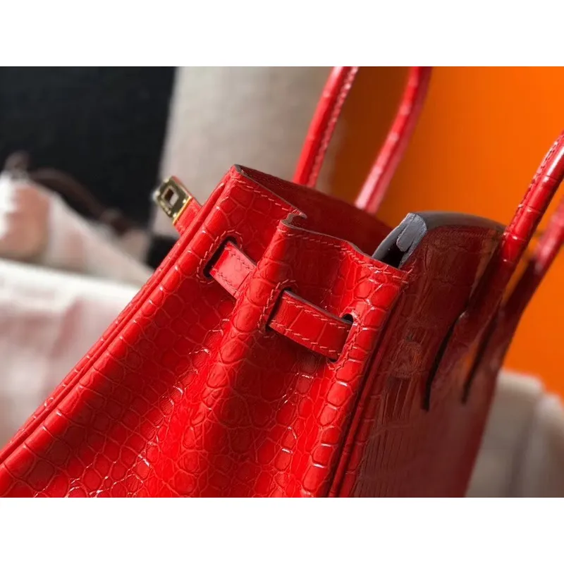 Hermes Birkin 25cm Bag In Red Embossed Crocodile Leather