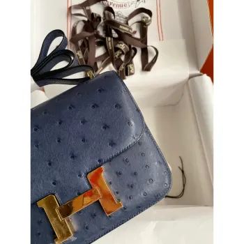 Hermes Constance 18 Handmade Bag In Blue Iris Ostrich Leather
