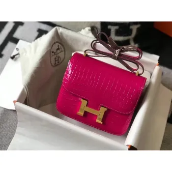 Hermes Constance 18cm Bag In Rose Red Embossed Crocodile