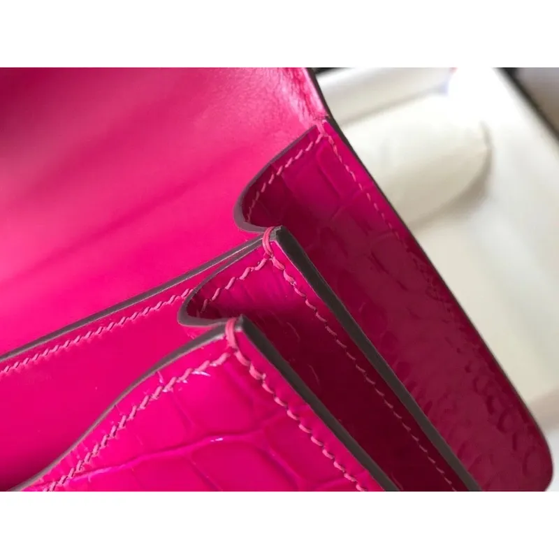 Hermes Constance 18cm Bag In Rose Red Embossed Crocodile