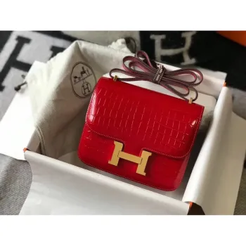 Hermes Constance 18cm Bag In Red Embossed Crocodile