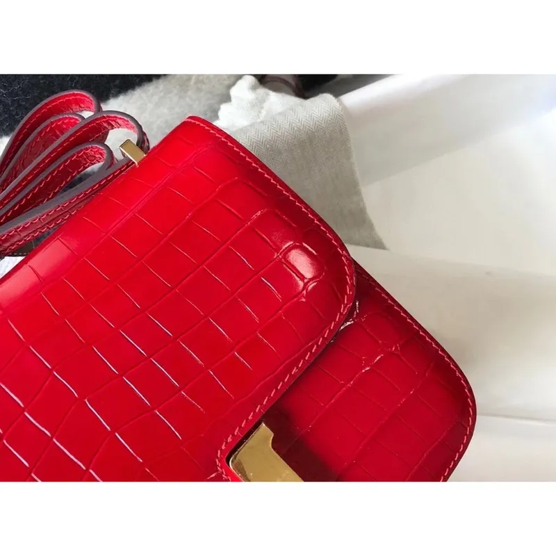 Hermes Constance 18cm Bag In Red Embossed Crocodile