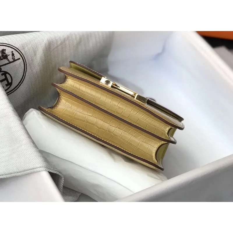 Hermes Constance 18cm Bag In Jaune Poussin Embossed Crocodile