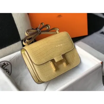 Hermes Constance 24cm Bag In Jaune Poussin Embossed Crocodile