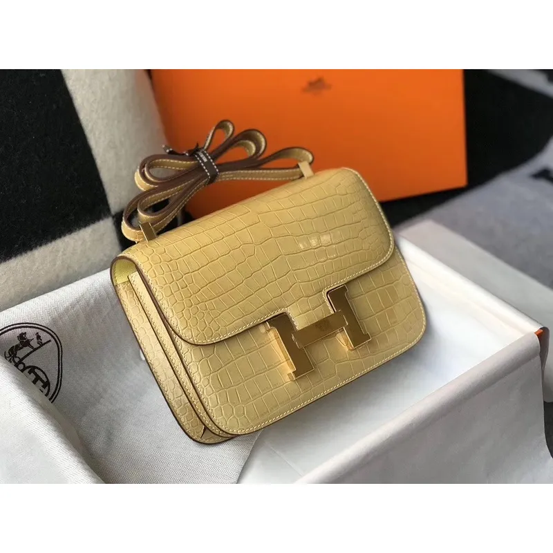 Hermes Constance 24cm Bag In Jaune Poussin Embossed Crocodile