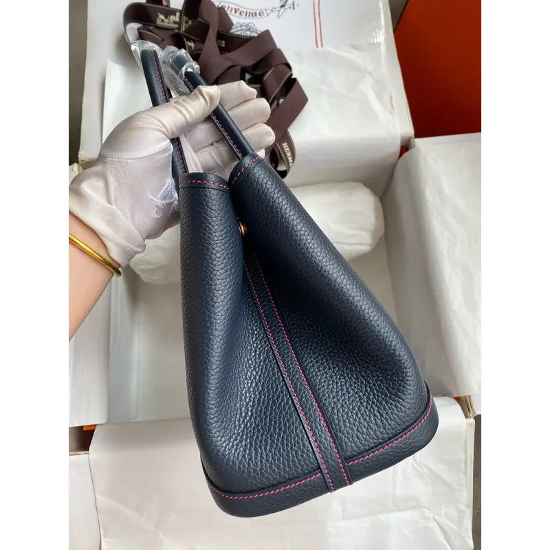 Hermes Garden Party 30 Handmade Bag in Blue Nuit Clemence Leather