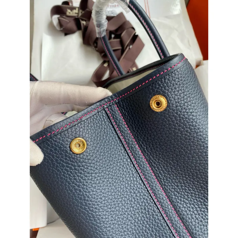 Hermes Garden Party 30 Handmade Bag in Blue Nuit Clemence Leather