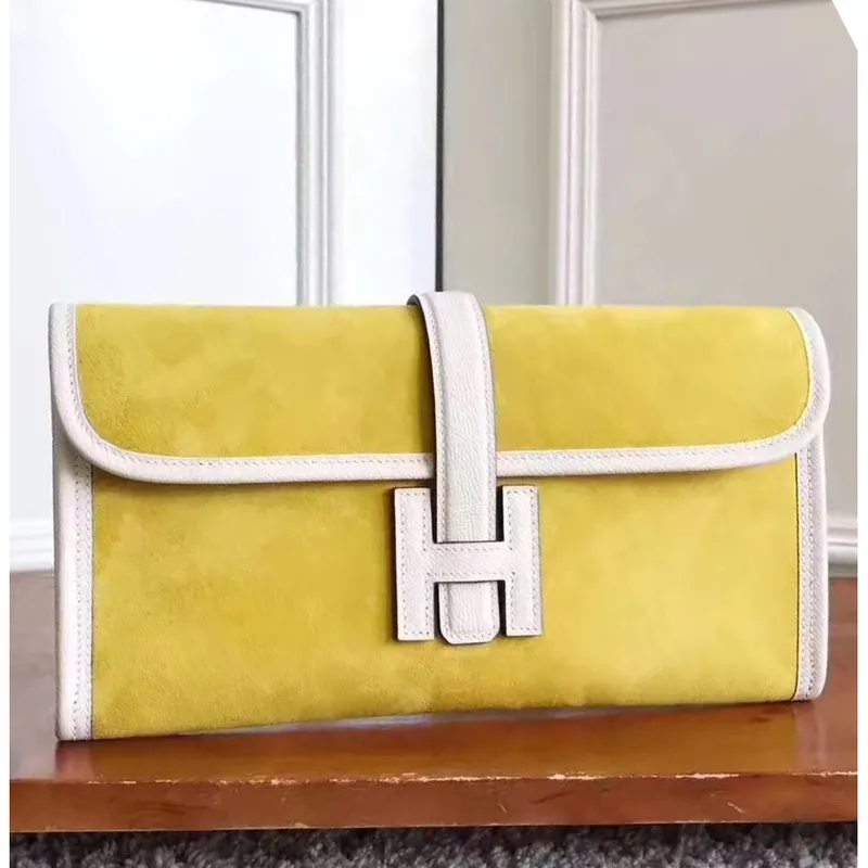 Hermes Yellow Suede Jige Elan 29 Clutch Bag