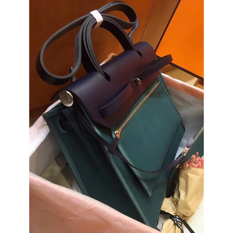 Hermes Herbag Zip 31cm Bag In Navy And Green