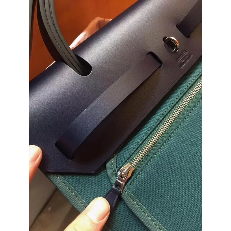 Hermes Herbag Zip 31cm Bag In Navy And Green