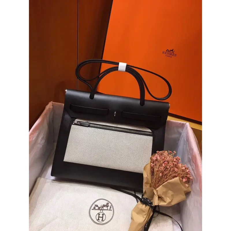 Hermes Herbag Zip 31cm Bag In Black Leather And Toile
