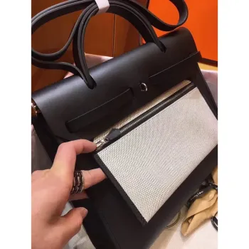 Hermes Herbag Zip 31cm Bag In Black Leather And Toile