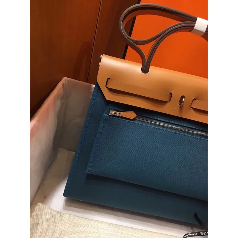 Hermes Herbag Zip 31cm Bag In Brown And Blue
