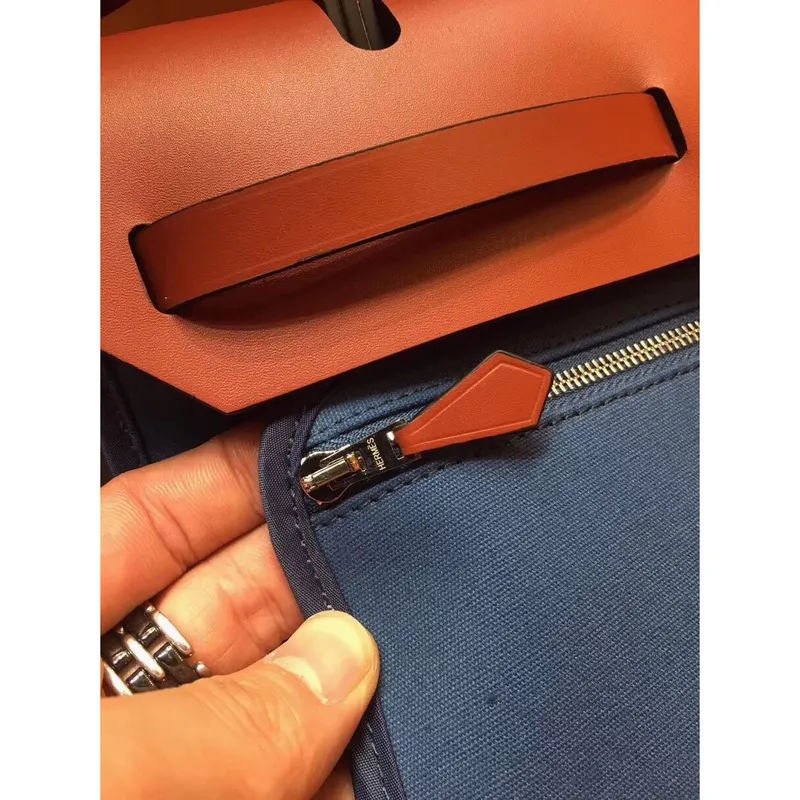 Hermes Herbag Zip 31cm Bag In Camel And Blue