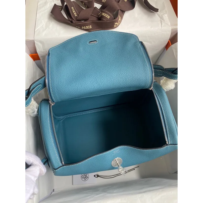 Hermes Lindy 30 Handmade Bag In Blue Jean Clemence Leather