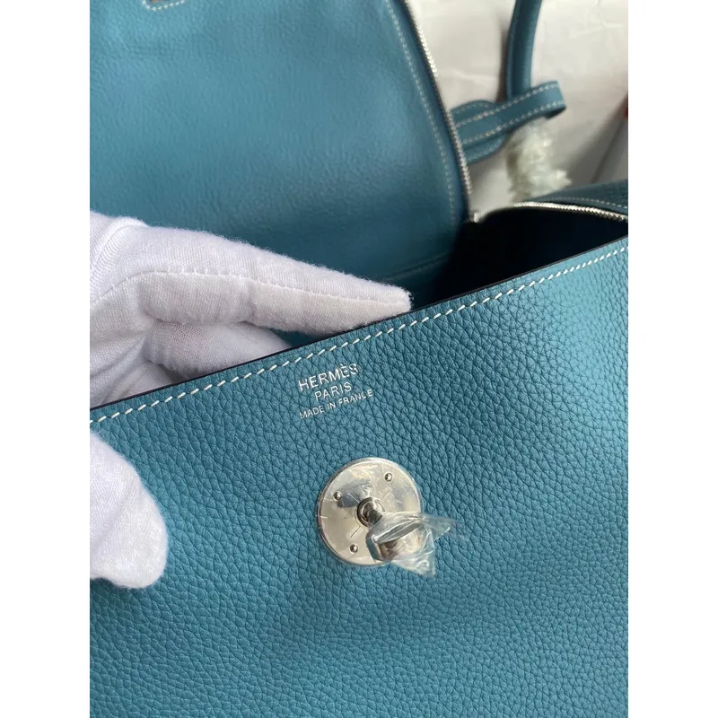 Hermes Lindy 30 Handmade Bag In Blue Jean Clemence Leather