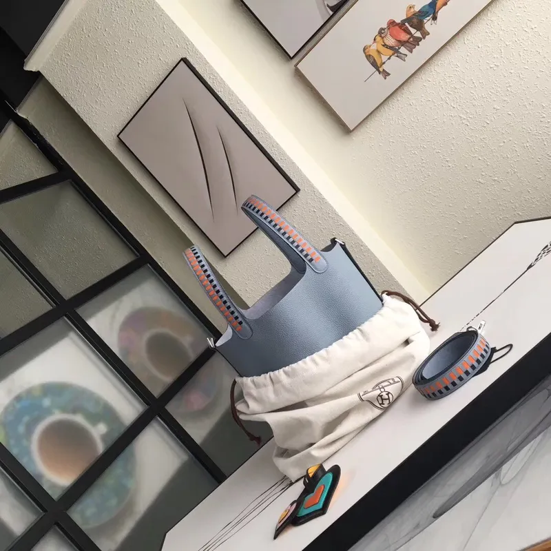 Hermes Blue Lin Picotin Lock 22cm Braided Handle Bag