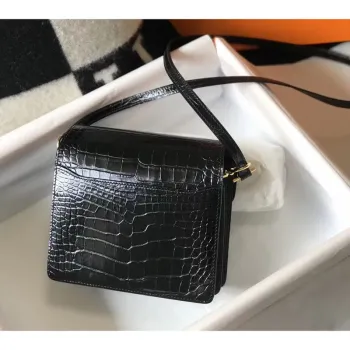 Hermes Roulis Mini Bag In Black Embossed Crocodile Calfskin