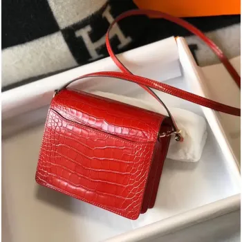 Hermes Roulis Mini Bag In Red Embossed Crocodile Calfskin