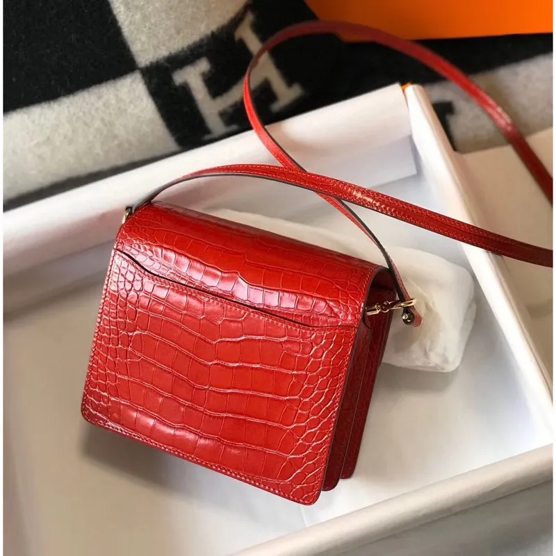 Hermes Roulis Mini Bag In Red Embossed Crocodile Calfskin