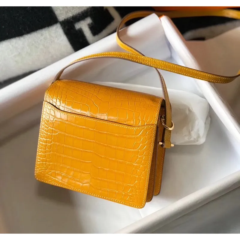 Hermes Roulis Mini Bag In Yellow Embossed Crocodile Calfskin