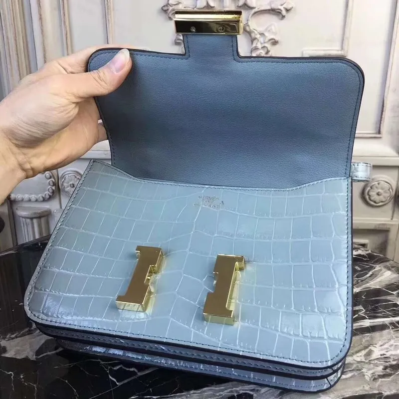 Hermes Blue Lin Constance MM 24cm Crocodile Bag