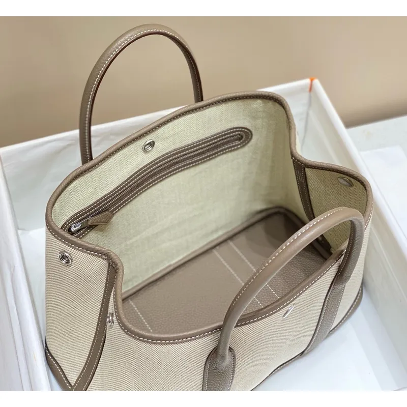 Hermes Garden Party 30cm Bag in Toile and Taupe Leather