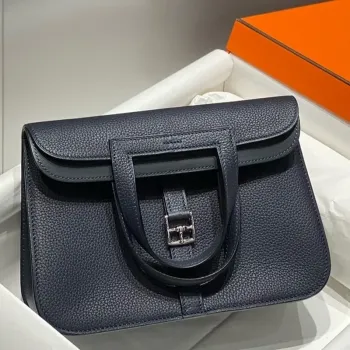 Hermes Halzan 25 Bag in Blue Nuit Clemence Leather
