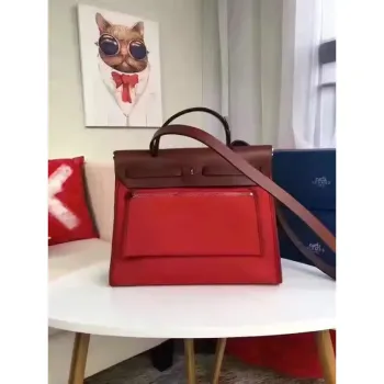 Hermes Herbag Zip PM 31cm Bag In Red Canvas