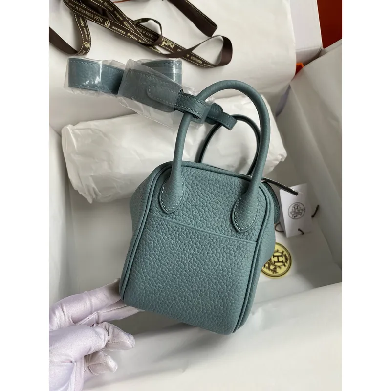 Hermes Mini Lindy Handmade Bag In Ciel Clemence Leather