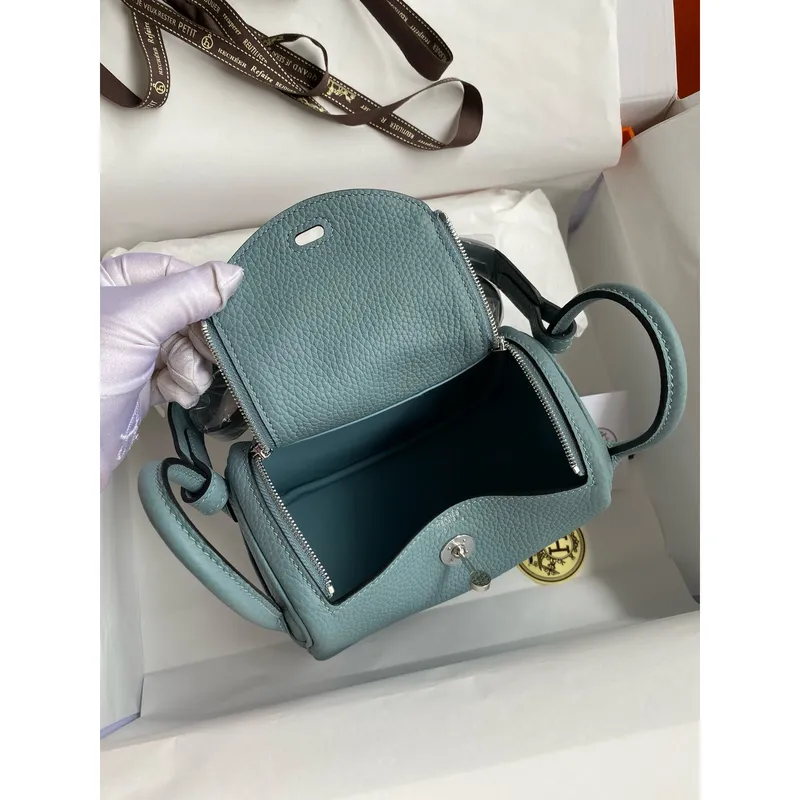 Hermes Mini Lindy Handmade Bag In Ciel Clemence Leather