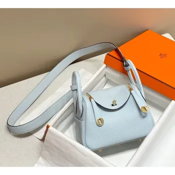 Hermes Lindy Mini Bag In Blue Brume Clemence Leather GHW