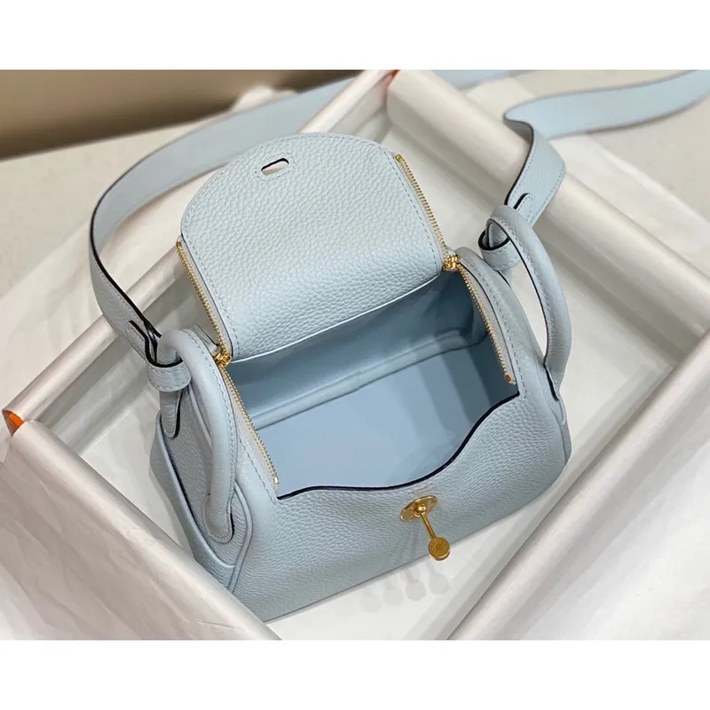 Hermes Lindy Mini Bag In Blue Brume Clemence Leather GHW