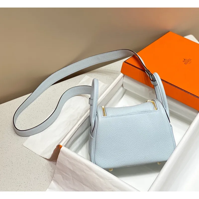 Hermes Lindy Mini Bag In Blue Brume Clemence Leather GHW