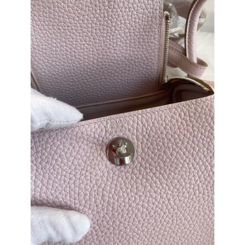 Hermes Mini Lindy Handmade Bag in Mauve Pale Clemence Leather