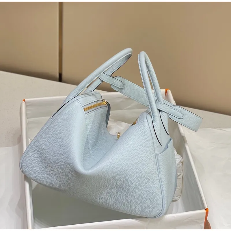 Hermes Lindy 26cm Bag In Blue Brume Clemence Leather GHW