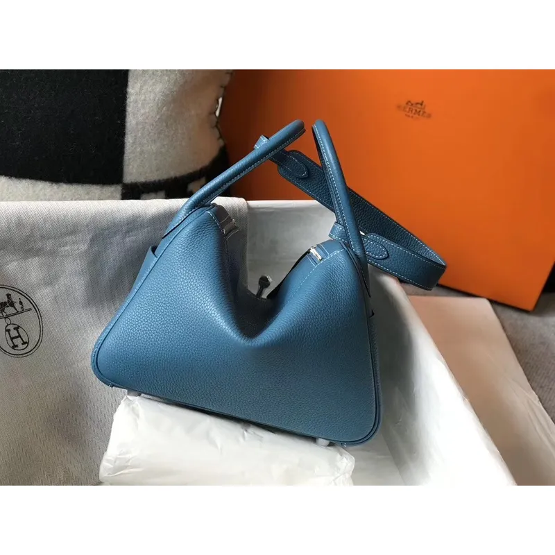 Hermes Lindy 26cm Bag In Blue Jean Clemence With PHW