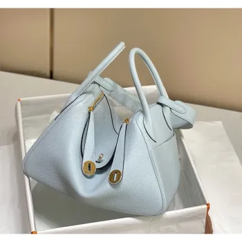 Hermes Lindy 30cm Bag In Blue Brume Clemence Leather GHW