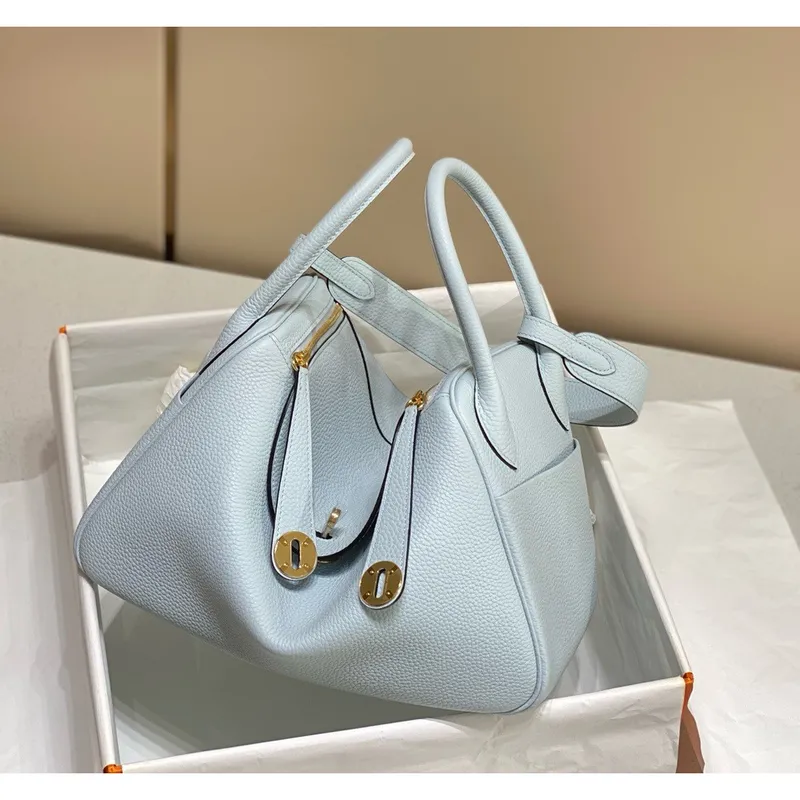 Hermes Lindy 30cm Bag In Blue Brume Clemence Leather GHW