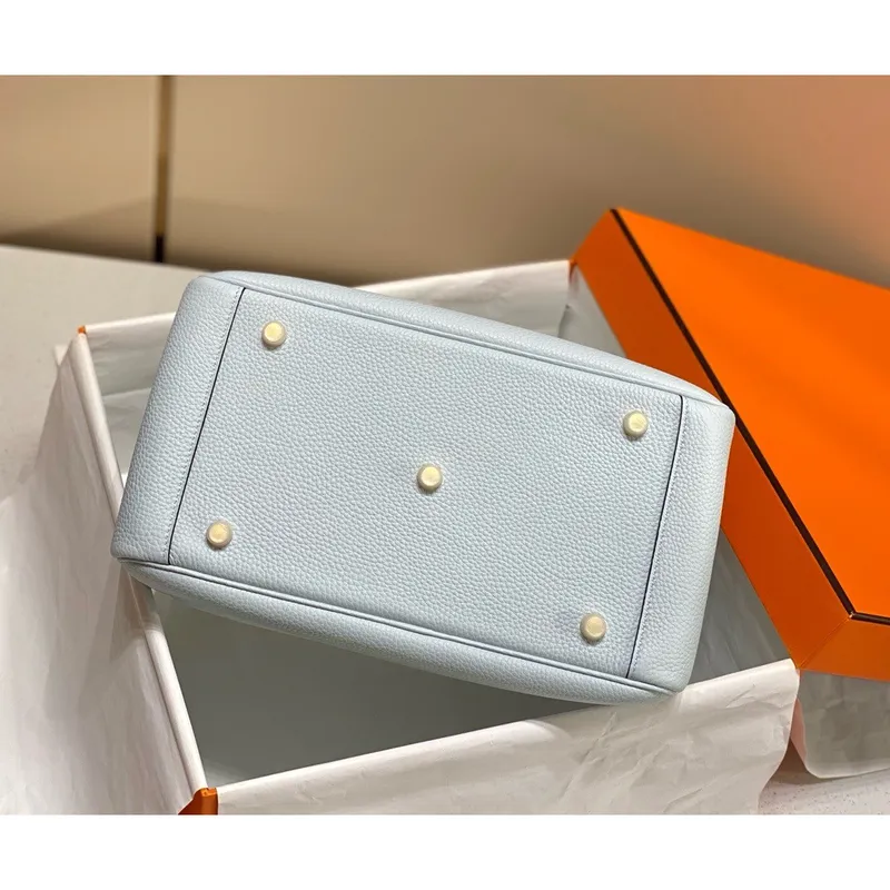 Hermes Lindy 30cm Bag In Blue Brume Clemence Leather GHW