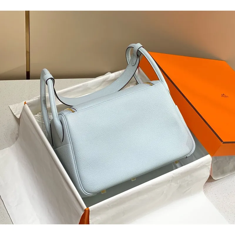 Hermes Lindy 30cm Bag In Blue Brume Clemence Leather GHW
