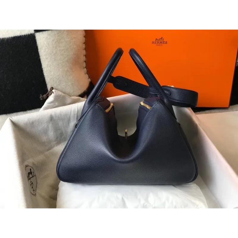 Hermes Lindy 30cm Bag In Navy Blue Clemence Leather