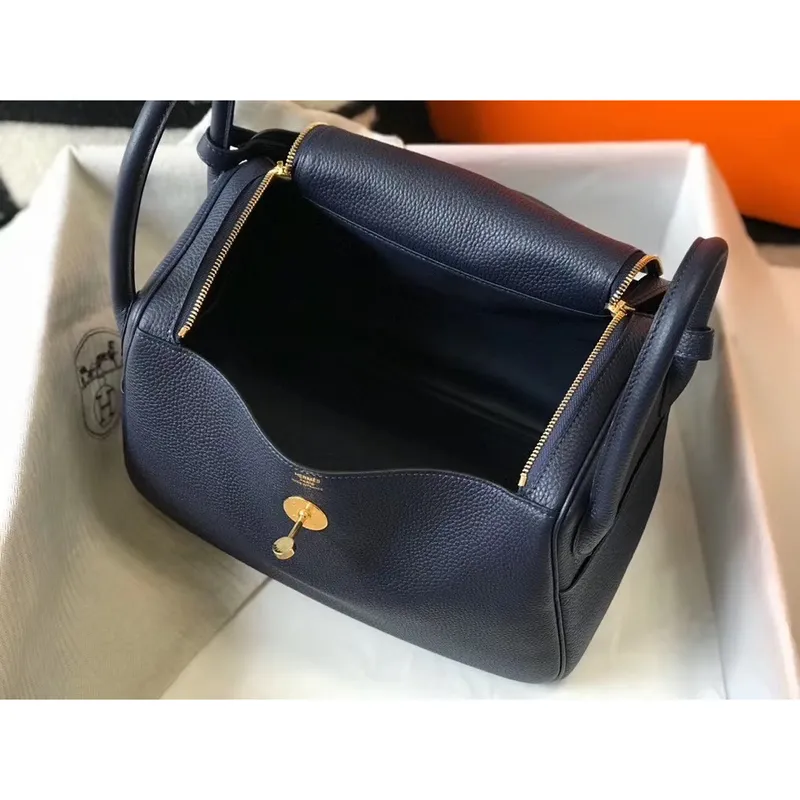 Hermes Lindy 30cm Bag In Navy Blue Clemence Leather