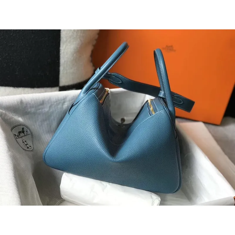 Hermes Lindy 30cm Bag In Blue Jean Clemence Leather