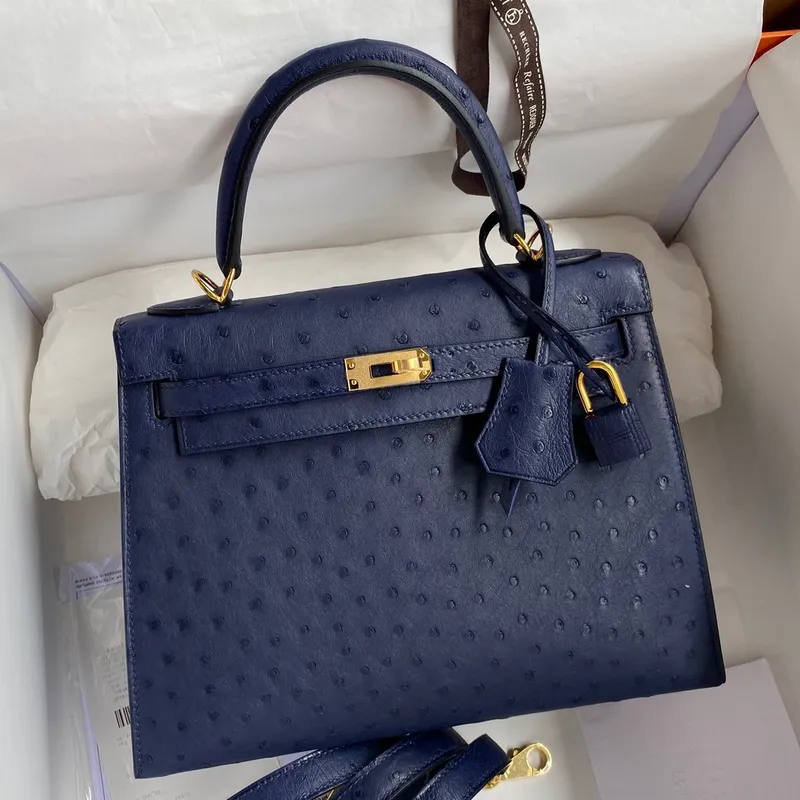 Kelly Sellier 25 Handmade Bag In Blue Iris Ostrich Leather