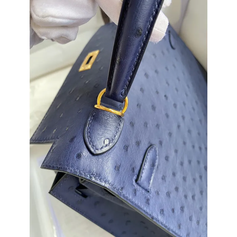 Kelly Sellier 25 Handmade Bag In Blue Iris Ostrich Leather