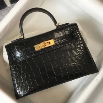 Kelly Mini II Bag In Black Embossed Crocodile Calfskin