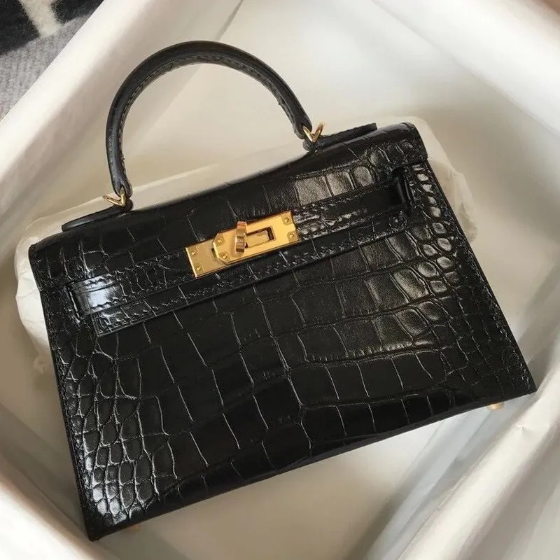 Kelly Mini II Bag In Black Embossed Crocodile Calfskin