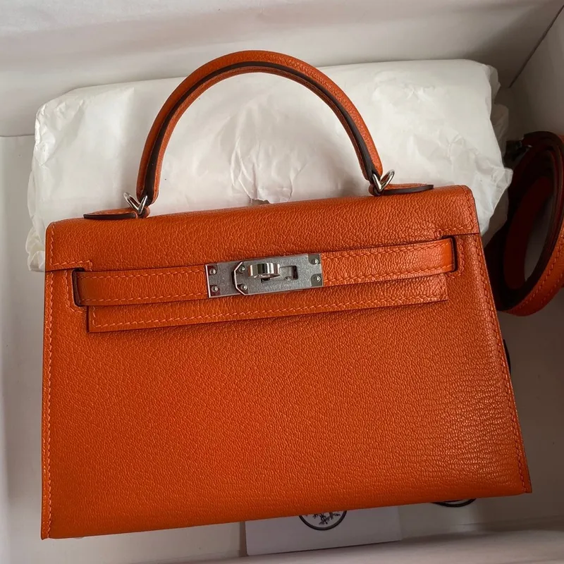 Kelly Mini II Sellier Handmade Bag In Orange Chevre Mysore Leather